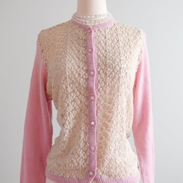 Lovely 1960's Jantzen Sheer Ivory Lace Cardigan Sweater/ Sz L