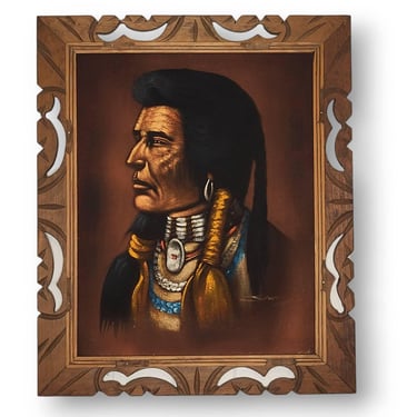 Vintage Black Velvet Painting, Signed Indian Chief Framed Art, Native American Oil Painting, Retro Kitsch Home, Vintage Wall Hanging Decor 