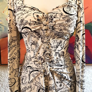 Absolutely Charming 1940's Novelty Print Rayon Jersey Dress with a Railroad Theme ! Size Small 