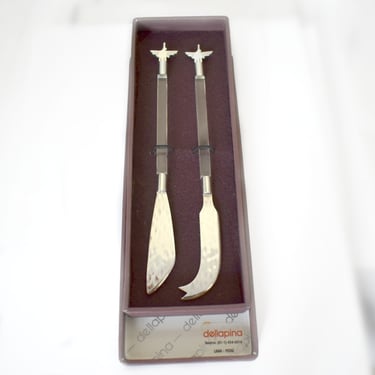 70's Dellapina sterling acrylic phoenix cheese knives, mod Peru 925 silver & clear lucite serving utensils 