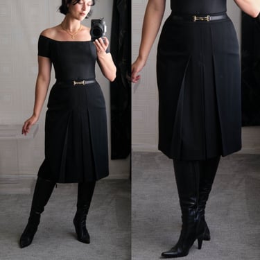 Vintage 80s CELINE PARIS Black Gabardine Pleated Skirt w/ Leather & Metal Horsebit Accent | Made in France | 1980s French Designer Skirt 