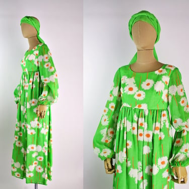 60s Flower Power Murray Hamburger and Co Green Dress / Maxi Floral Dress / Size XS/S 