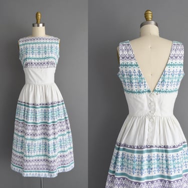 1950s vintage dress | Adorable Blue & White Cotton Summer Day Dress | XS Small | 50s dress 