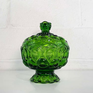 Vintage Glass LE Smith Moon Stars Candy Dish Stasher Green Covered Lidded Box Footed Trinket Holder Vanity Storage Pedestal Compote 1960s 