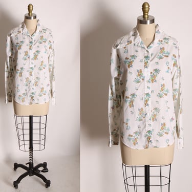 1970s White, Brown and Green Long Sleeved Novelty Boho Owl and Turtle Button Up Shirt Blouse -L 