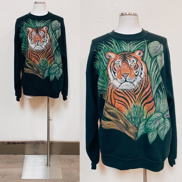 1995 Hand Painted Tiger in the Bushes Puffy Paint Pullover Crew Neck Sweater Jerzees USA Large | Vintage, Cute, One of a Kind 