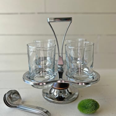 Vintage MCM Chrome & Teak Condiment Caddy With Six Spoons, Cocktail Glasses // Midcentury Barware // Perfect Gift 