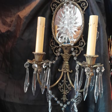 Antique Brass and Crystal Sconce