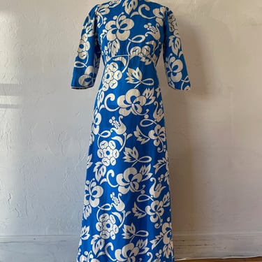 Vintage Hawaiian Cobalt Blue Floral Maxi Dress S
