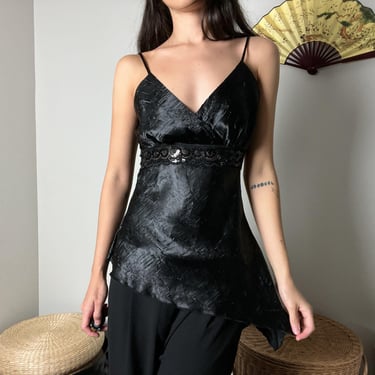 y2k 90s vintage black satin asymmetrical lace sequin v neck cami tank top blouse by lavie 