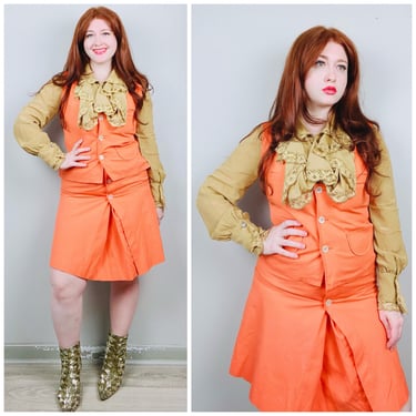 1970s Vintage Sweet Swinger Orange Vest Set / 70s / Seventies Cotton Poly High Waisted Skirt Suit / Size Medium 