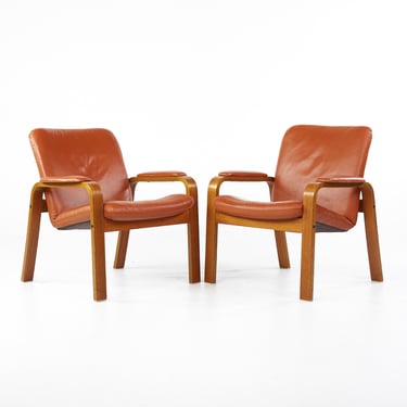 Ekornes Mid Century Teak and Leather Occasional Lounge Chairs - Pair - mcm 