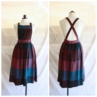 80s Plaid Pinafore Dress with Cross Back Wool Size S 