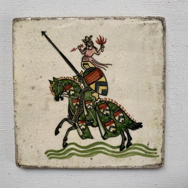 Vintage Ceramic Tile Medieval Knight On Horseback With Maiden Holding Arrow, Horse With Coat Of Arms Blanket, Chevron Coat Of Arms 