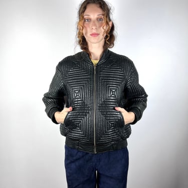 Vintage 80s 90s Quilted Bomber Jacket / Vintage Black Leather Jacket / 1990s Coat Vintage Quilted Leather Bomber Jacket Women / Small Medium 