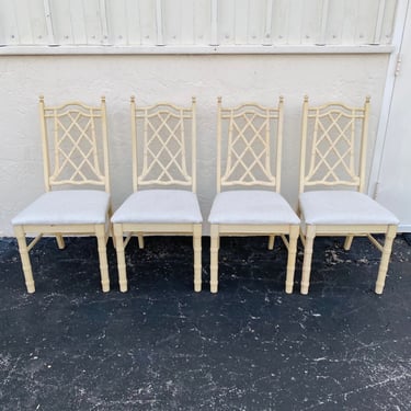 SOLD Set of 4 Vintage Faux Bamboo Dining Chairs - Hollywood Regency Fretwork Palm Beach Furniture 