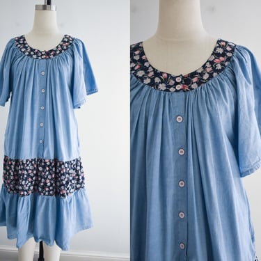 1990s Chambray and Floral Tiered House Dress 