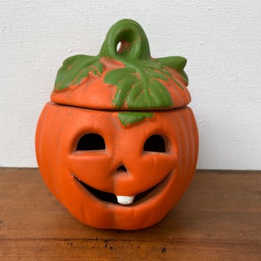 Vintage Jack O Lantern, Terracotta Pumpkin, Halloween, Can Hold Faux Candle, Small Ceramic Carved Pumpkin 