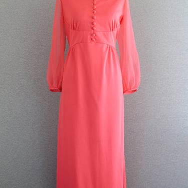 1970s - Coral - Sheer Sleeve - Party Dress - Maxi - by Jerri Lurie - Marked size 14 - Pair with Gold Accessories 