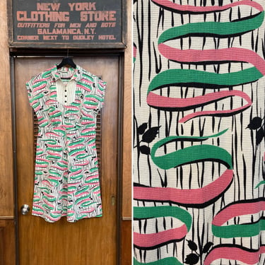 Vintage 1950’s Pink & Green Atomic Print Cotton Rockabilly Dress, Atomic Era, Vintage Dress, 1950’s, Rockabilly Dress, Cotton Dress, 