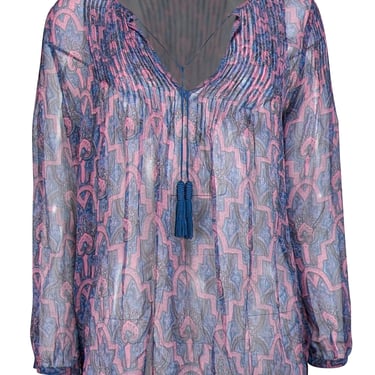 Joie - Blue & Pink Print Blouse w/ Tassels Sz S