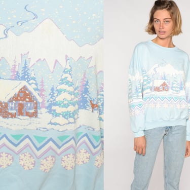 Snow Sweatshirt 80s Ski Sweater Puffy Paint Tree Mountain Slouchy Blue Textured Winter Graphic 1980s Retro Top Vintage Small Medium Large 