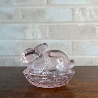 Vintage Pink Indiana Glass Bunny on Basket - Unique Decorative Collectible 