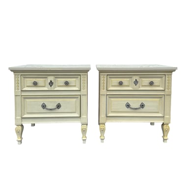 French Country Nightstands by Dixie Furniture - Set of 2 Vintage Wood Cabinets Provincial End Tables Pair 