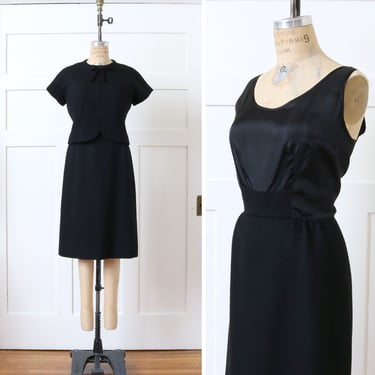 vintage 1960s tailored black wool dress set • short sleeve bow accent day dress with over blouse 