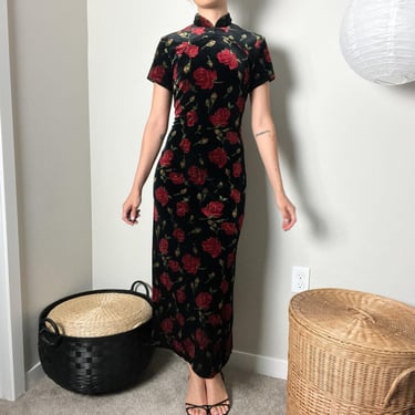 vintage 90s black red velvet velour rose print cheongsam chinese asian frog closure maxi dress gown by sheri martin 