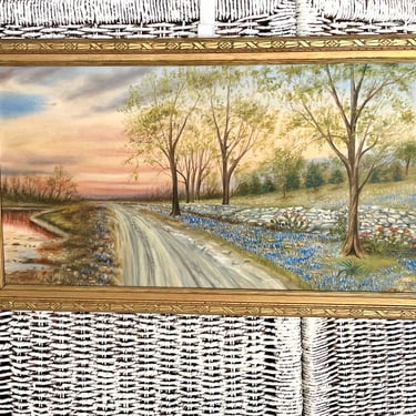 Mid Century Oil Painting, Country Road, Artist Signed, Carved Wood Frame, Vintage Home Decor, Wall Hanging 