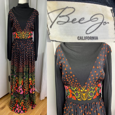 Vintage Bee Jo of California Maxi Dress | Psychedelic Retro Flower Power 60s 70s Festival Dress | Long Sleeve Boho Floral Balloon Sleeves 
