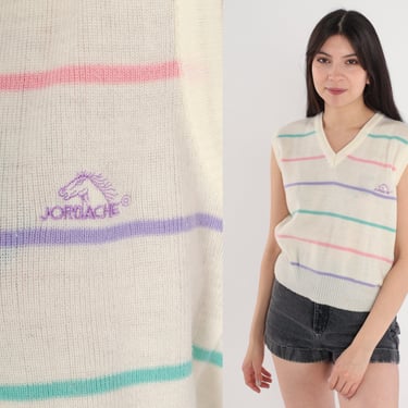 Striped Sweater Vest 80s Jordache Knit Tank Top V Neck Pullover Sleeveless Shirt Off White Pink Green Purple Vintage 1980s Acrylic Small S 
