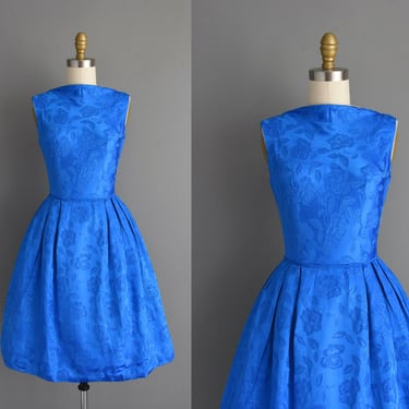 1950s vintage dress | Gorgeous Royal Blue Floral Full Skirt Cocktail Party Wedding Dress | XS | 50s dress 