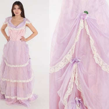 70s Prom Dress Pink Purple Chiffon Lace Princess Gown Off Shoulder Tiered Full Skirt Ballgown Evening Formal Cocktail Vintage 1970s Large L 