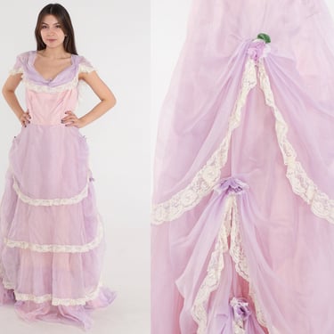 70s Prom Dress Pink Purple Chiffon Lace Princess | Shop Exile - Tucson, AZ  | ATTIC