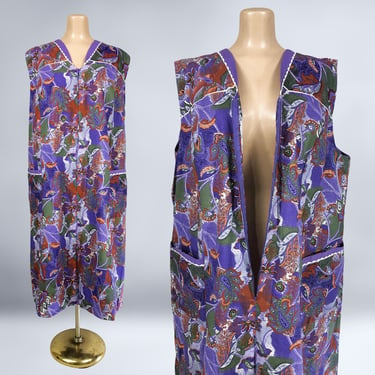 VINTAGE 70s Purple Floral Op-Art Zip Front House Dress with Hip Pockets Plus Size Volup | 1970s Smock Kaftan Dress | VFG 