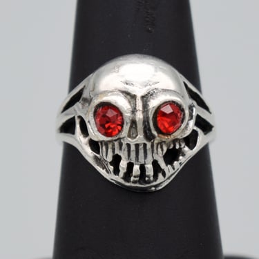 80's 925 silver red crystal skull size 6.75 rocker ring, edgy sterling rhinestone asymmetrical death head biker ring 