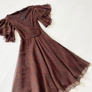 Vintage Ralph Lauren Brown Paisley Print Silk Chiffon Flutter Sleeve Dress 