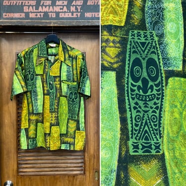 Vintage 1960’s Tiki Idol Mod Cotton Loop Collar Hawaiian Shirt, 60’s Vintage Clothing 