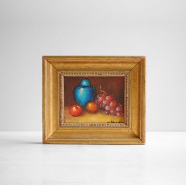 Vintage Tiny Still Life Oil Painting of Fruit and a Blue Jar 