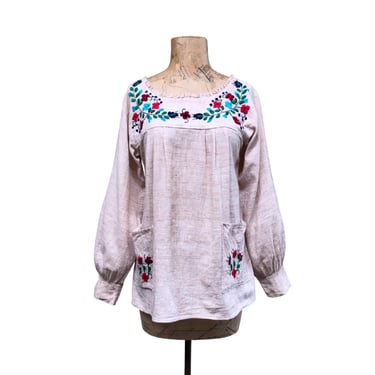 Vintage 1960s Mexican Peasant Top, Floral Embroidered Boho Smock, Rustic Natural Woven Cotton Blouse, Small 34