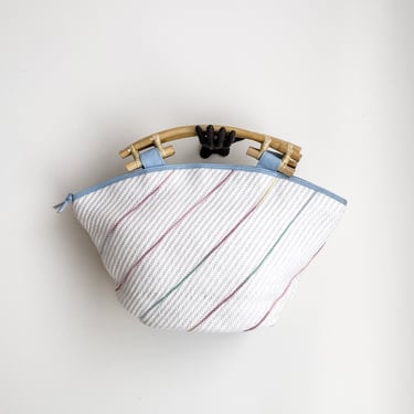 woven straw bag 80s vintage white blue rainbow bamboo handbag purse 