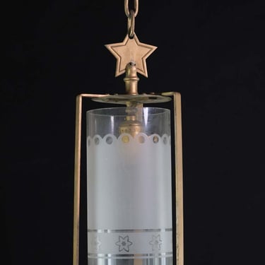 Petite Brass Star Motif & Floral Frosted Cylinder Glass Pendant Light