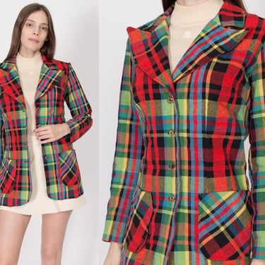 Small 70s Preppy Plaid Blazer Jacket | Vintage Red Green Notched Collar Retro Button Up Sport Coat 