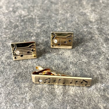 Swank gold tone musical scale cufflinks and tie clip - vintage accessories 