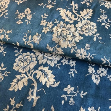 French Blue Damask Floral Fabric, Cotton Brocade Fabric, Remnant, Sewing Projects, French Historical Fabric Textiles, Upholstery, Sun Damage 