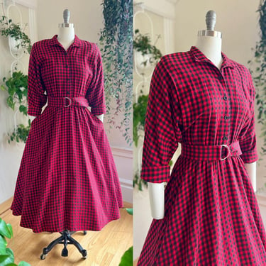 Vintage 1990s Shirt Dress | 90s Plaid Flannel Shirtwaist Fall Winter Warm Midi Holiday Dress | x-small/small 