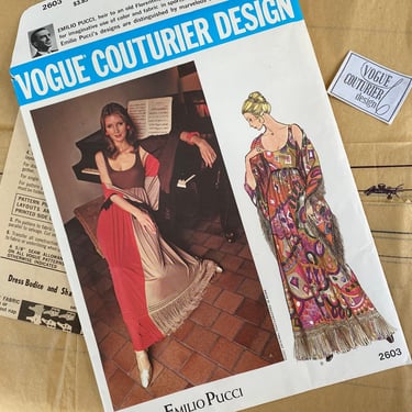 70's Vintage Vogue Couturier 2603, Emilio Pucci, With Sew In Label,  Evening Length Dress, High Fitted Bodice, Scoop Neck, Shawl 