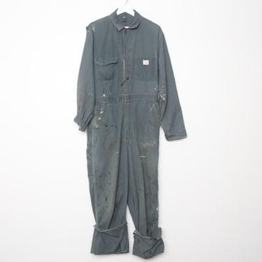 vintage mid-century boilersuit DISTRESSED used olive green faded DENIM men's size large COVERALLS cotton workwear 